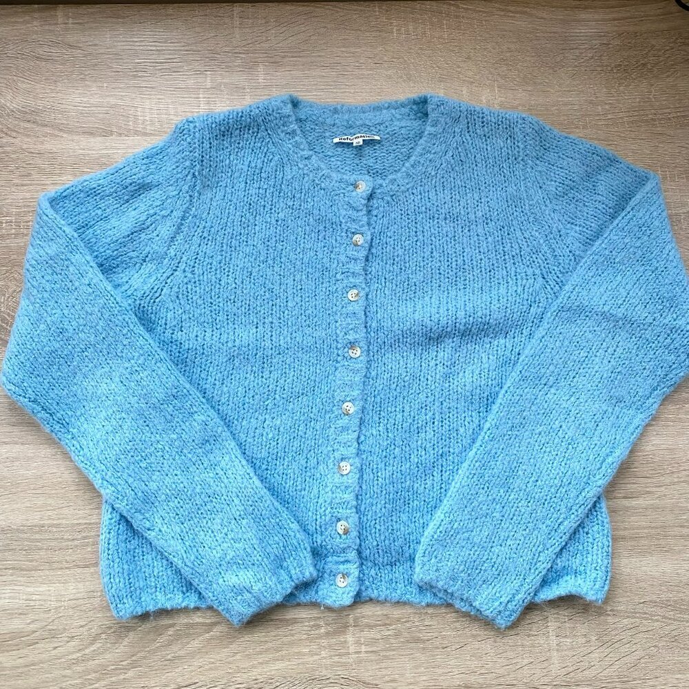Reformation Clara Crew Cardigan Sweater Alpaca Wool Blue XS
